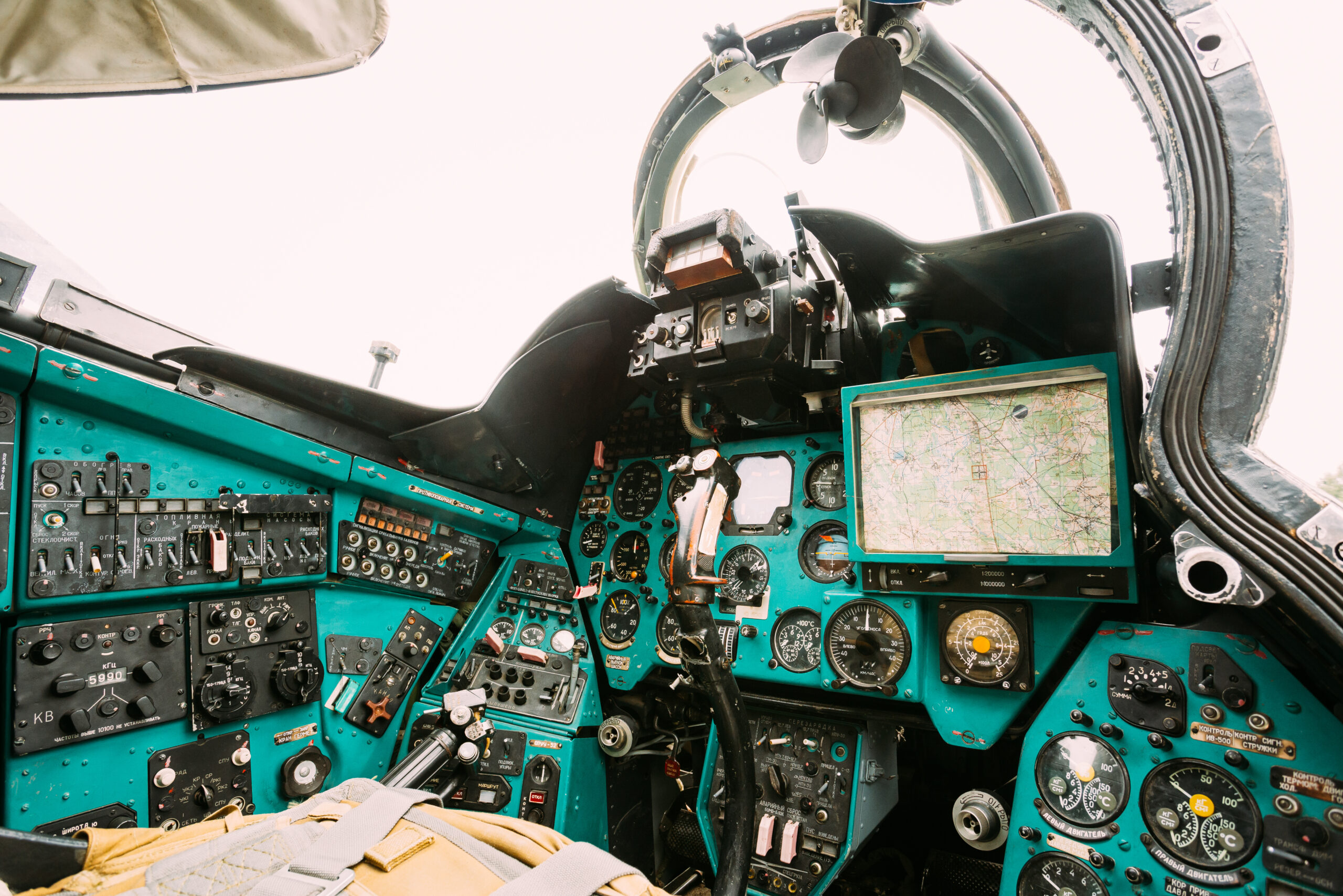 Dashboard In A Russian Soviet Helicopter Cockpit. Large Helicopter Gunship And Attack Helicopter And Low-capacity Troop Transport.